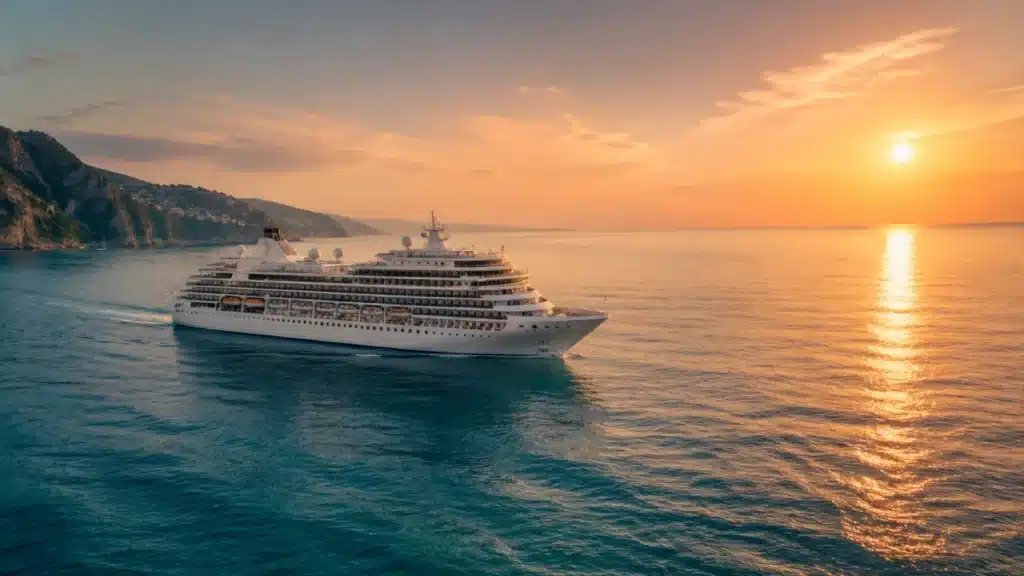 Navire de croisière solo en Méditerranée au coucher du soleil en 2026