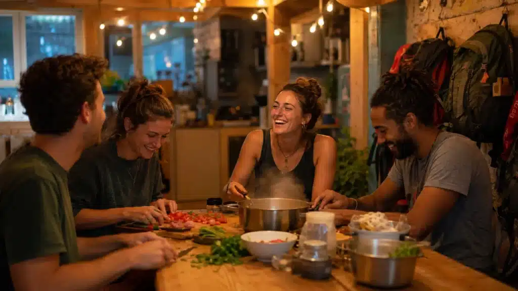 Voyageuse seule discutant avec d'autres voyageurs dans la cuisine commune d'une auberge de jeunesse