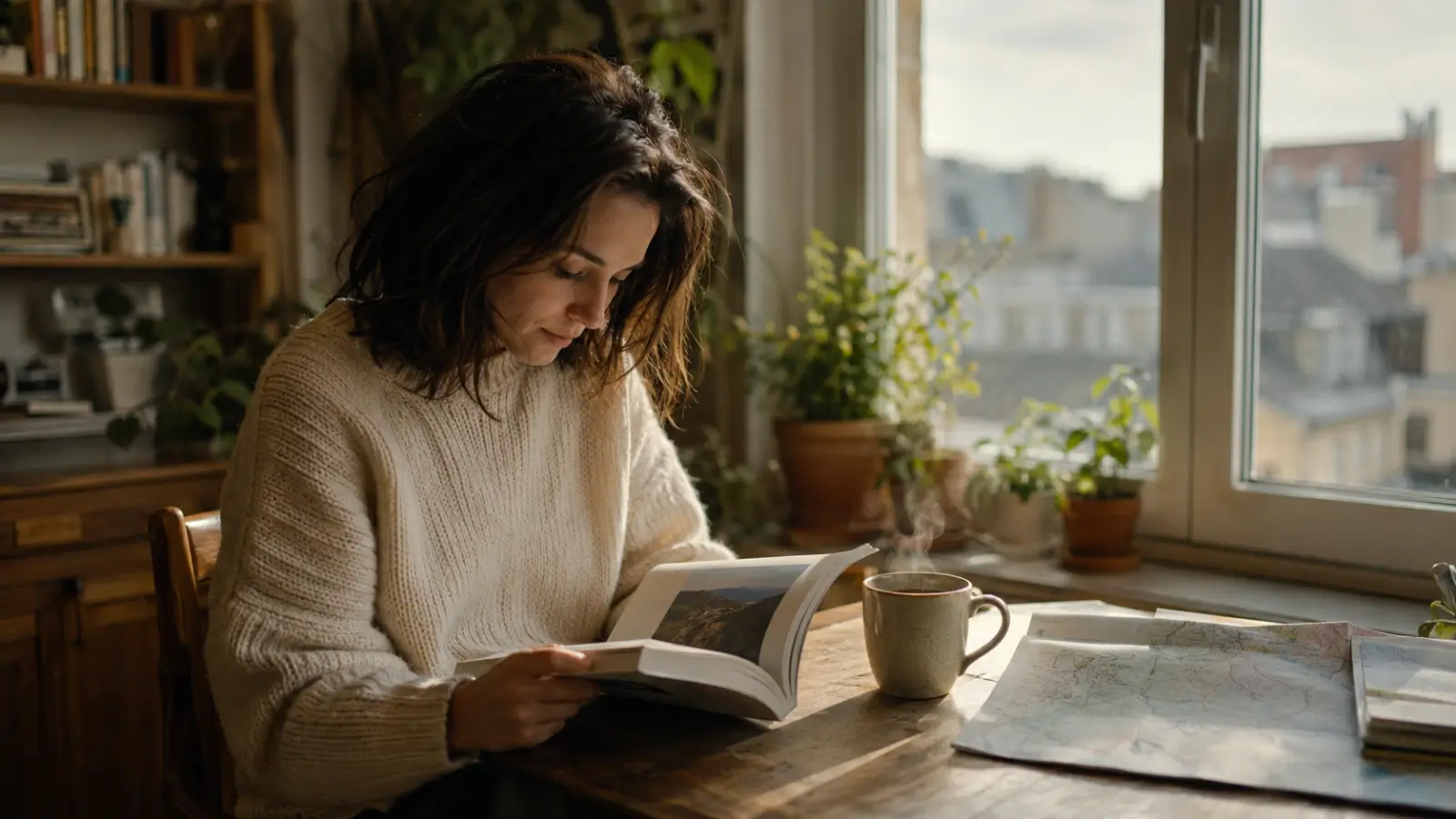 Femme seule lisant un guide de voyage pres d'une fenetre, carte et tasse de the, lumiere douce du matin