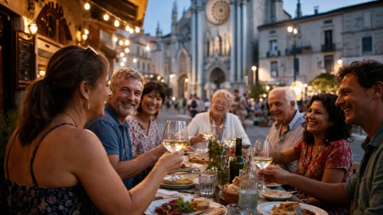 Voyageuse solo partageant un dîner convivial avec un petit groupe de voyageurs lors d'un séjour organisé en Europe