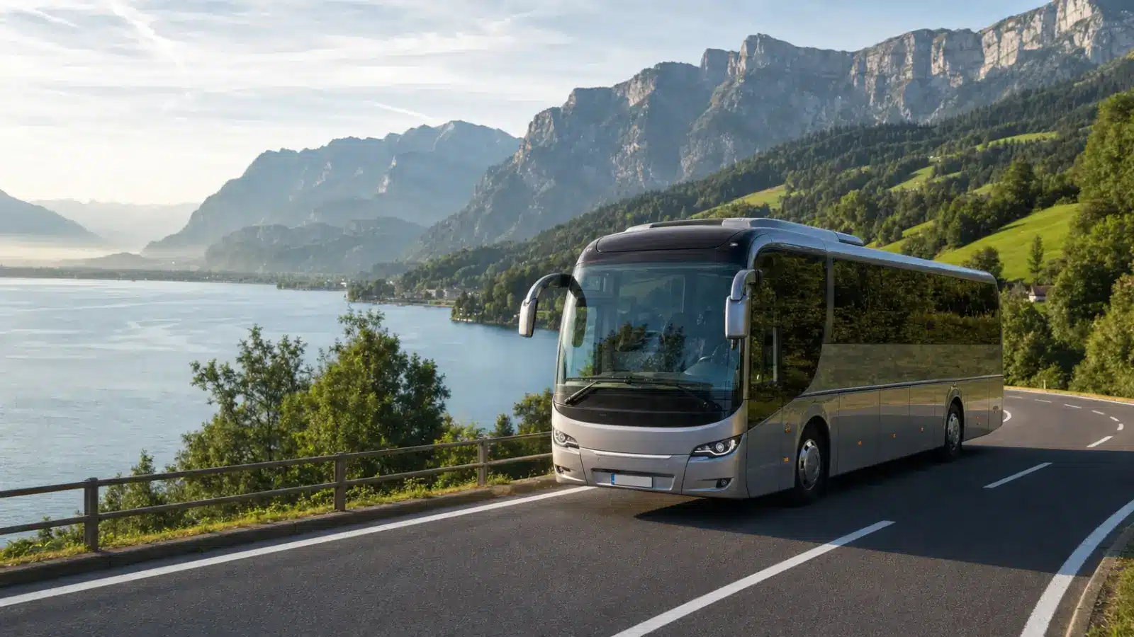 Autocar de tourisme moderne sur une route panoramique entre lac et montagnes en Europe